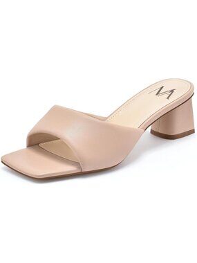 Women's Square Open Toe Chunky Block Nude Short Low Heel Slip on Heeled Sandals
